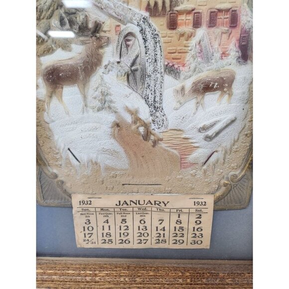 Vintage Embossed 3D Winter Scene Calendar January 1932 Wood Framed 11" x 20" - Picture 6 of 9